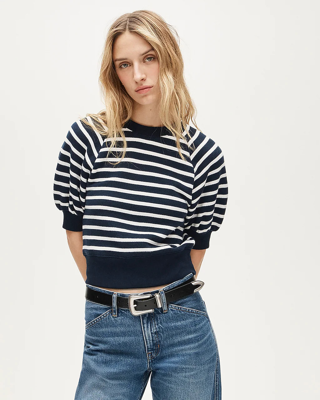 Heritage terry puff-sleeve sweatshirt in stripe | J. Crew US