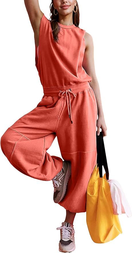 Womens Drawstring Crewneck One Piece Outfits Casual Sleeveless Loose One Piece Jumpsuits with Poc... | Amazon (US)