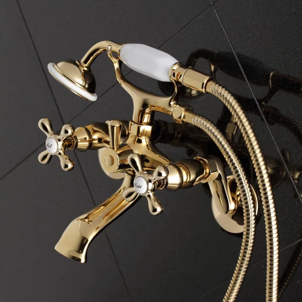 KS266PB Kingston Triple Handle Wall Mounted Clawfoot Tub Faucet Trim with Diverter and Handshower | Wayfair North America