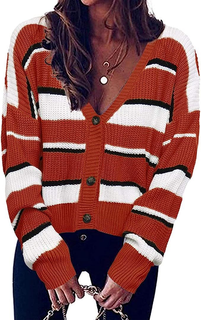 SySea Women's V Neckline Button Down Cardigan Sweaters Striped Long Sleeve Basic Cropped Knit Out... | Amazon (US)