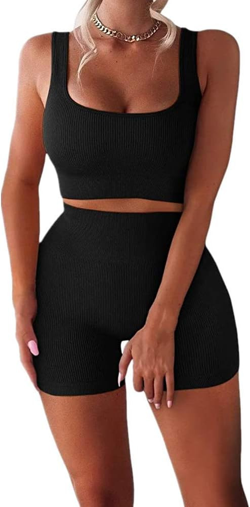 ABOCIW Womens Workout Sets 2 Piece Seamless Ribbed High Waist Shorts with Tank Crop Top Sport Bra Yo | Amazon (US)
