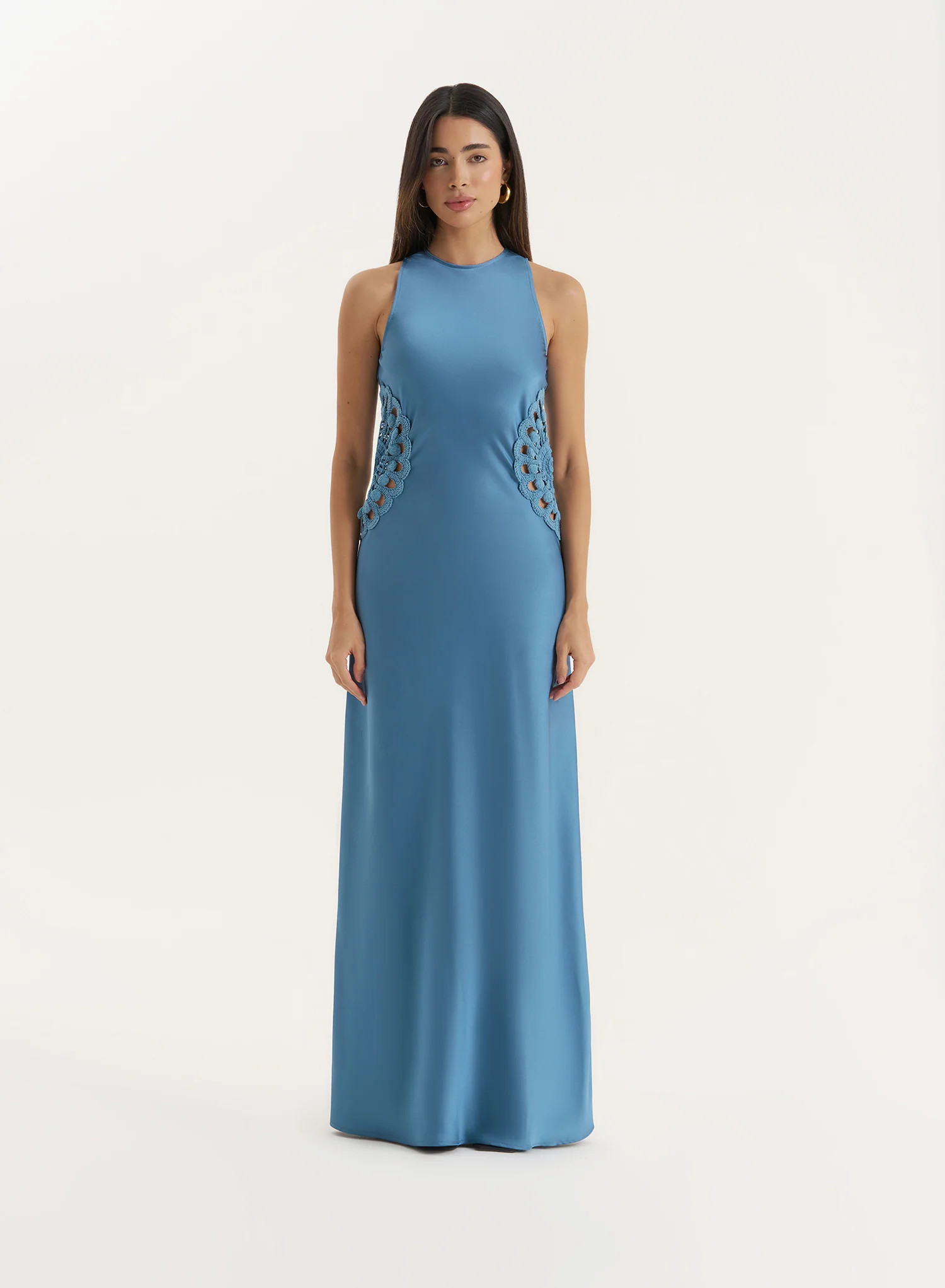 Blue Crochet Insert Satin Maxi Dress- Aver | 4th & Reckless