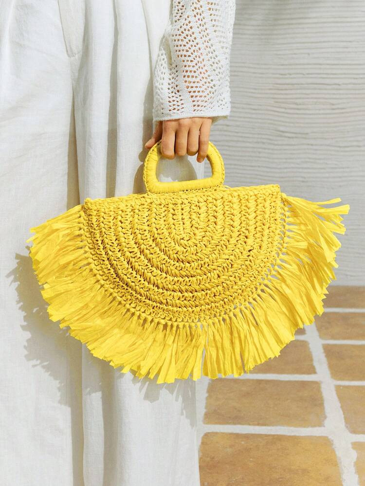 SHECARRY Ladies, Women Top Handle Bags,Straw Bag, Straw Woven Bag, Tassels, Fashionable, Elegant, Simple, Personalized, Versatile, For Beach, Vacation, Holiday, Summer, Seaside, Beach Party | SHEIN