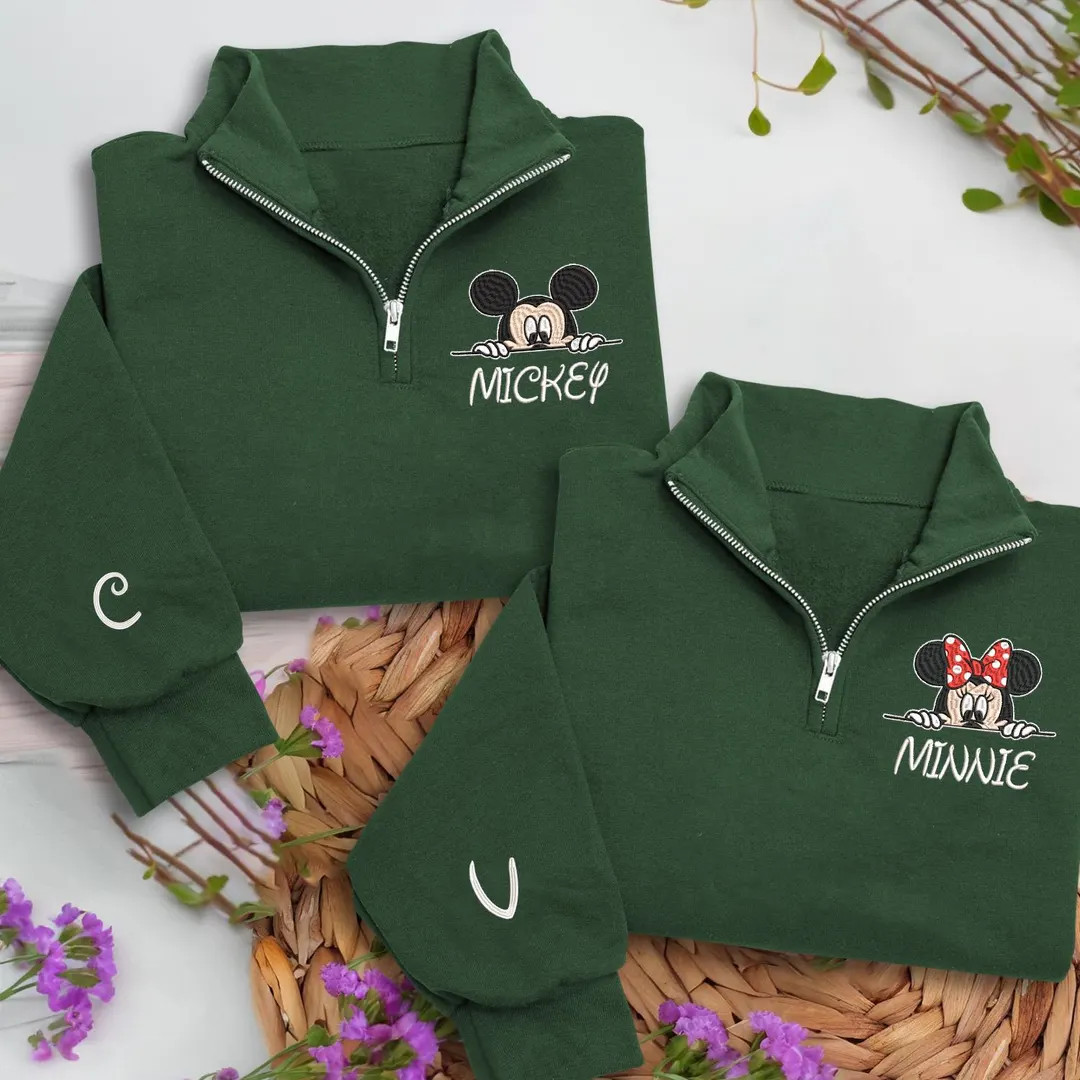 Embroidered Mickey and Minnie Quarter Zip Sweatshirt, Retro Disney Holiday Sweater, Valentine Cou... | Etsy (US)