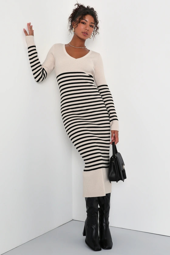 Upgraded Comfort Cream and Black Striped Midi Sweater Dress | Lulus (US)