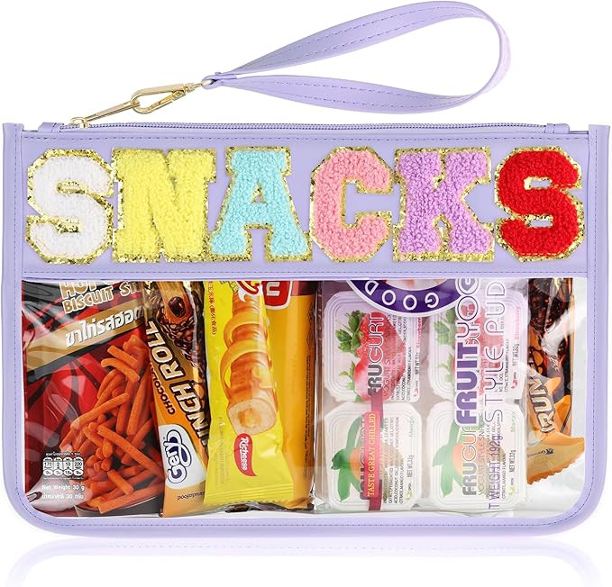 Snack Bag for Travel - Clear Chenille Varsity Letter Flat Pouch with Zipper, Waterproof Clear Nyl... | Amazon (US)