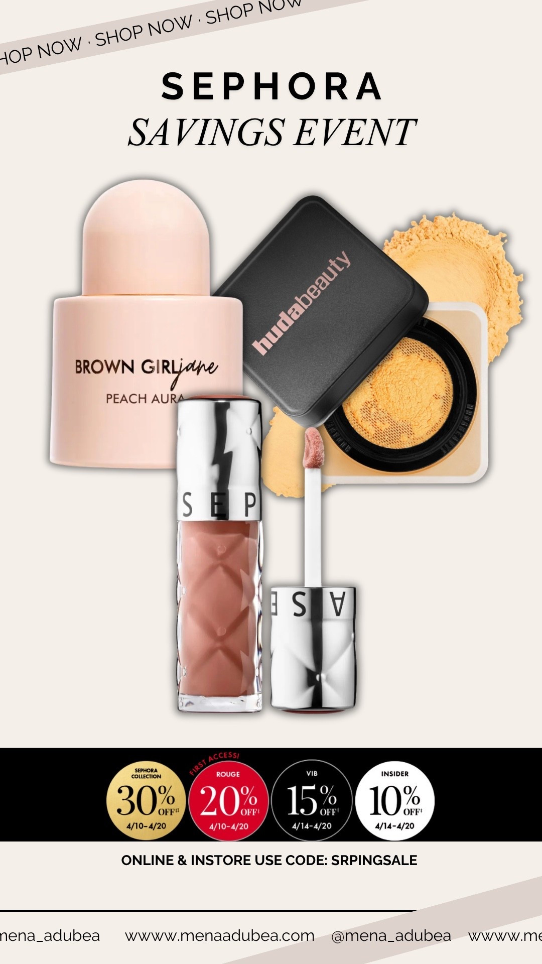 Oooh! I can’t WAIT to shop the Sephora Savings Event! What’s in your cart? LMK! #sephorapartner @sephora

All Sephora Collection 30% off: 4/10-4/20
Rouge 20% off: 4/10-4/20
VIB 15% off: 4/14-4/20
Insiders 10% off: 4/14-4/20
Use code SPRINGSALE to shop (multi-use)

Free Same Day Delivery from 4/14-4/17 at 1:00pm PT Use code: FREETODAY