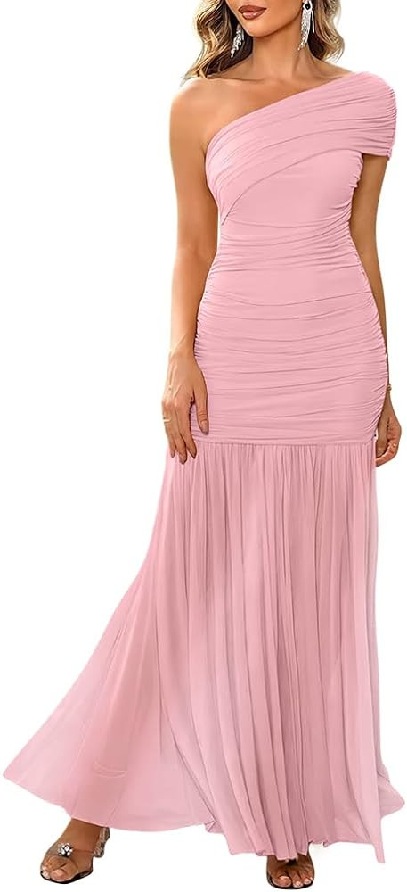 LAGSHIAN Women's Elegant Formal Long Dress One Shoulder Sleeveless Ruched Bodycon Evening Dress | Amazon (US)