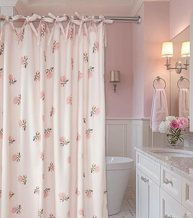 Girly Pink Floral Shower Curtain Hookless Flower Rose Shower Curtain Cotton Blend 72x72 Inches fo... | Amazon (US)