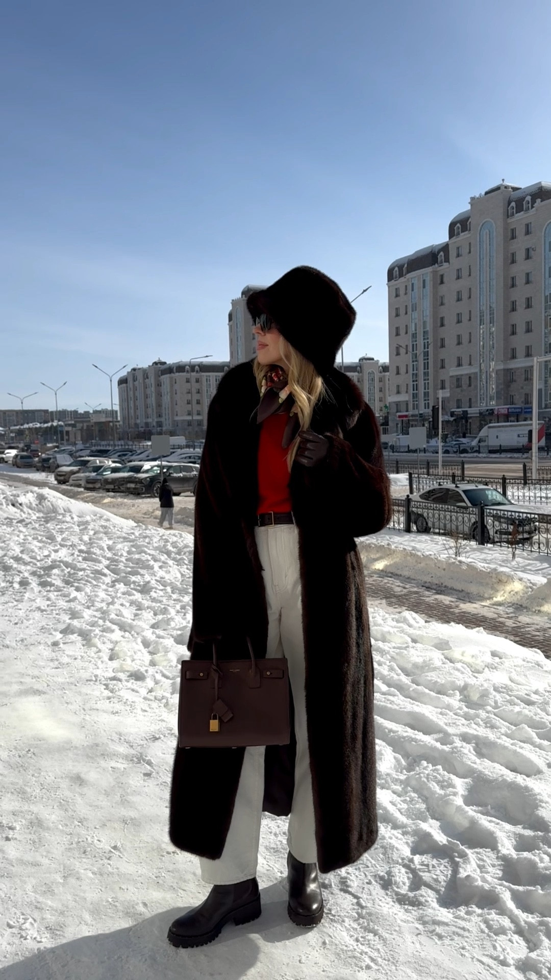 Chocolate brown fur coat, fur bucket hat, red sweater, silk scarf, white barrel jeans, lug sole boots

#LTKSaleAlert #LTKSeasonal #LTKOver40