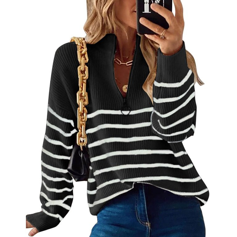 Sweaters for Women Quarter Zip Striped Sweaters Knitted Warm Pullover Sweaters Shermie | Walmart (US)