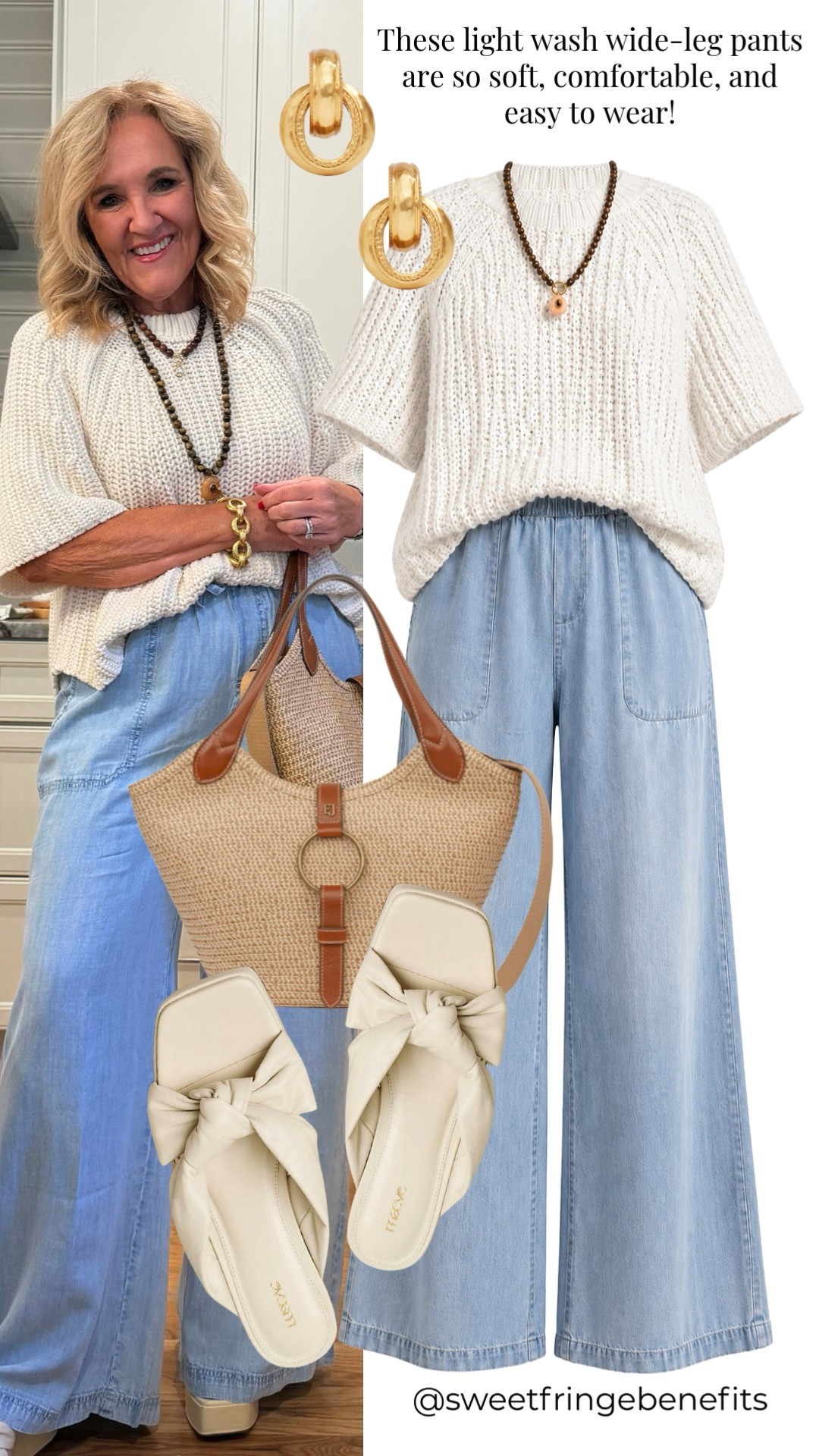 These light wash wide-leg pants are so soft, comfortable, and easy to wear! Paired with a textured short-sleeve sweater, this is one of those effortless outfits that’s perfect for lunch, shopping, travel, or everyday wear from now through fall.

💡 LTK MADE EASY
❤️ Heart = Support my posts!
🔖 Save = Get sale & restock alerts
📋 Lists = Keep favorites organized
📲 Share = Send lists and products to a friend. Hello, Christmas List!
💬 Comment = Ask me anything about what I’m wearing.:-)

#LTKSaleAlert #LTKOver40 #LTKootd