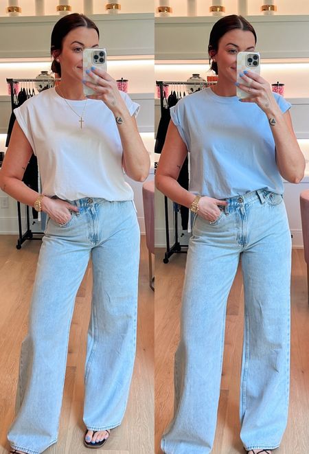 Small tees. 27L in the wide leg jean. AFTIA for 20% off 