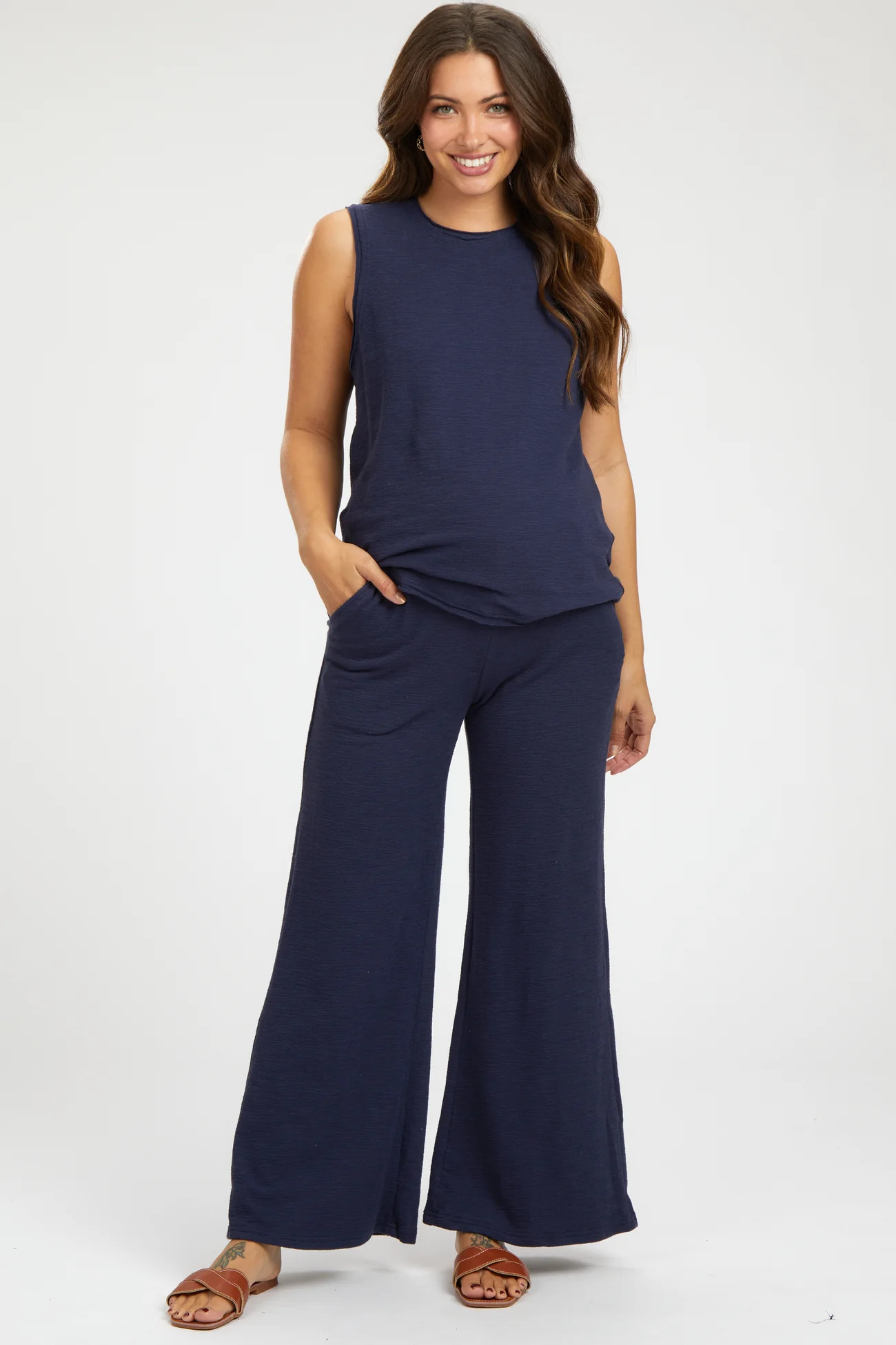 Navy Blue Slub Knit Maternity Pants Set | PinkBlush Maternity