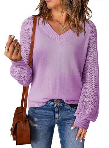 Dokotoo Purple Sweaters for Women 2025 V Neck Long Puff Sleeve Solid Color Hollow Out Fashion Casual Loose Plain Pointelle Knit Pullover Sweater Jumper Outerwear Large | Amazon (US)