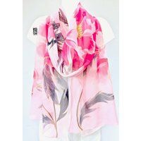 Hand Painted Silk Shawl, Pink Scarf, Chiffon Kimono Shawl Wrap, Painting Art, Takuyo, & Gray Peony,  | Etsy (US)