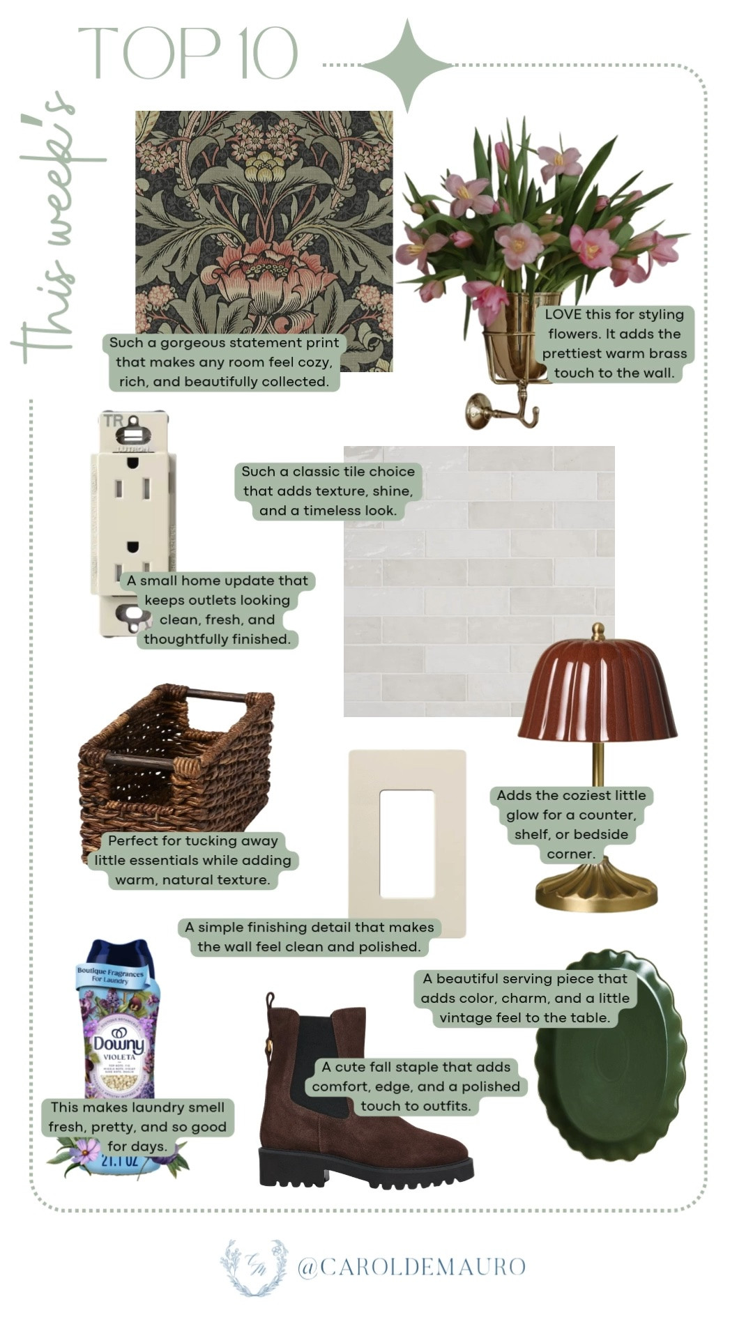 This week's most loved finds are here! From the gorgeous floral wallpaper to the coziest accent lamp, these are the pieces everyone can't stop asking about.

top 10 favorites, weekly roundup, home decor finds, wall outlet cover, serving tray, ankle boots, follower favorites, laundry essentials

#LTKootd #LTKHome #LTKU