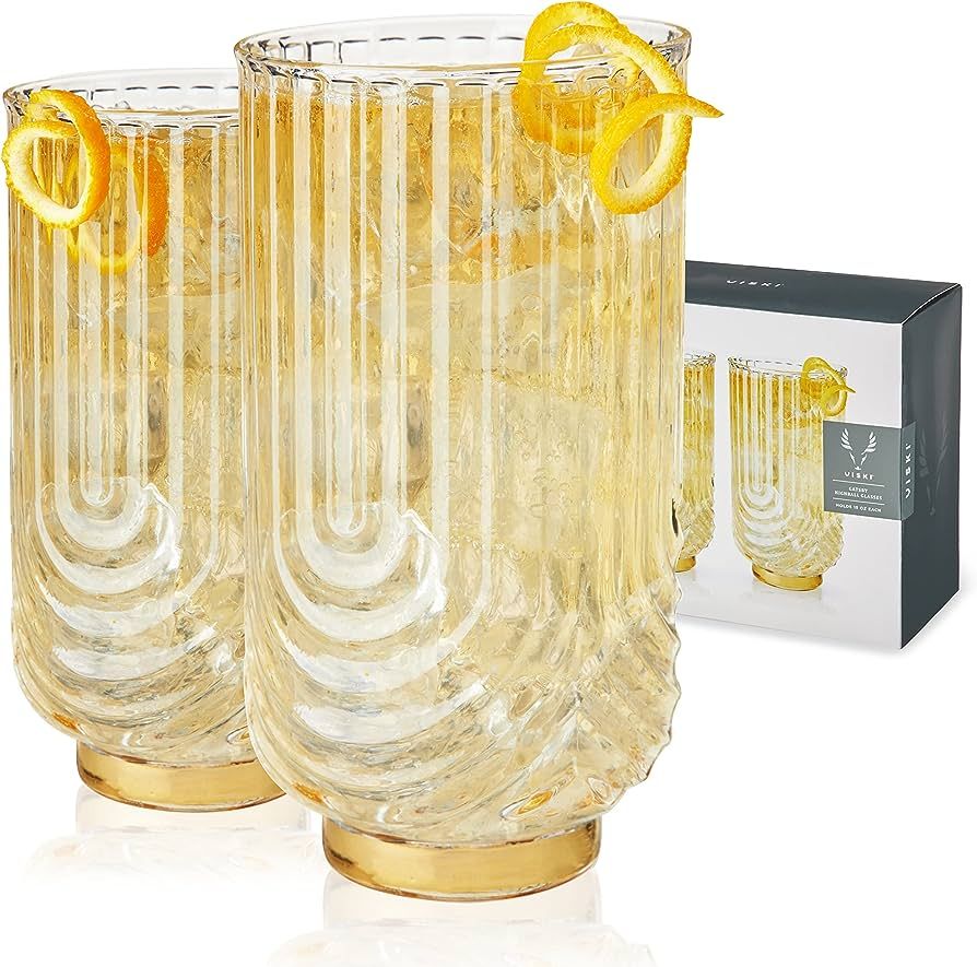 Viski Gatsby Highball Glass, Vintage Cocktail Glasses, Art Deco Drink Tumbler, Glassware Gift Set... | Amazon (US)