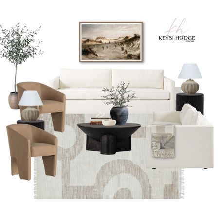 Neutral living room design, landscape wall art, black round coffee table, ivory sofa, neutral table lamp, potted olive tree, neutral rug, black side table

#LTKstyletip #LTKhome #LTKFind