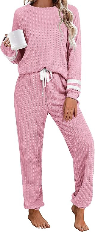 Ekouaer Lounge Sets for Women Ribbed Knit Outfits Pajamas Sets 2 Piece Long Sleeve Sweatsuits wit... | Amazon (US)