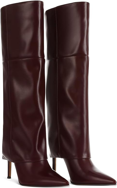 femflame Fold Over Boots For Women,Pointed Toe Stiletto Heel Knee High Boots Wide Calf Long Boots... | Amazon (US)