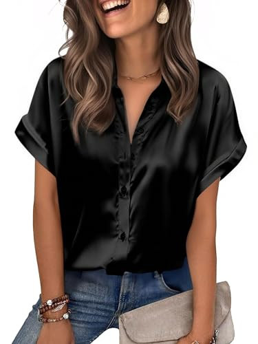 Zeagoo Womens Satin Blouse Short Sleeve Silk Tops Button Down Shirts Business Casual Outfits | Amazon (US)