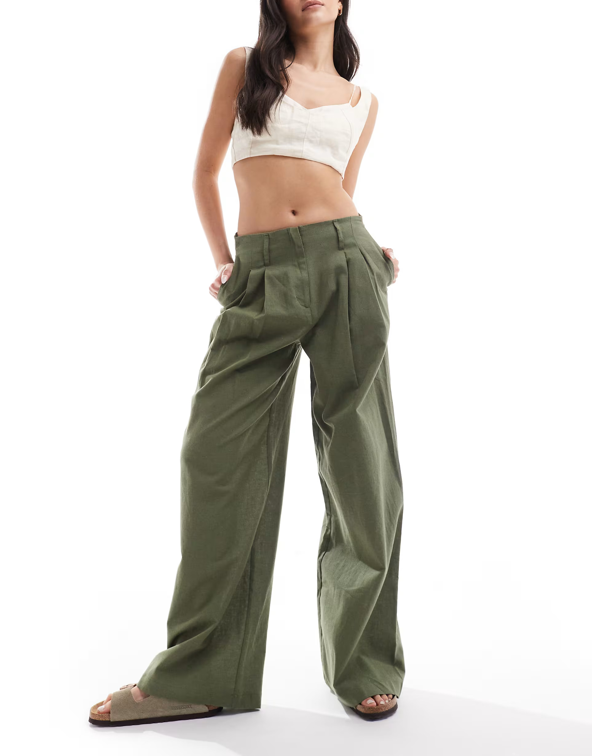 Monki linen mix tailored wide leg pants in khaki | ASOS (Global)