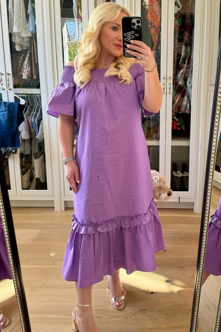 Tuckernuck purple off the shoulder dress size XS. Loeffler Randall gold heels. Spring look. Spring dress. Family photos. Easter dress. Lilac dress. 

#LTKSeasonal #LTKshoecrush #LTKstyletip