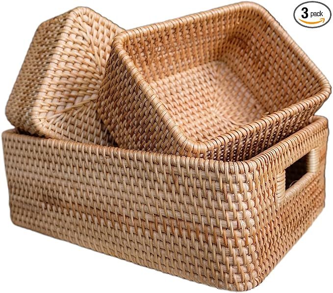 LiLaCraft Set 3 Rattan Natural Storage Baskets for Organizing, Wicker Cubby Storage Bins, Rattan ... | Amazon (US)