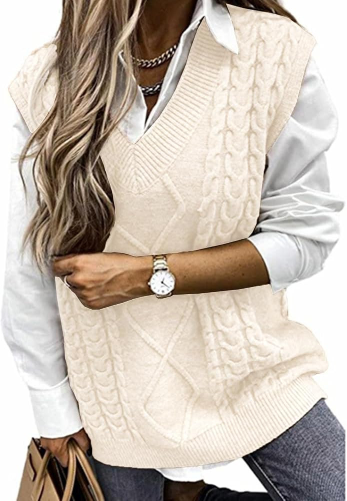 Hyipels Women's Sweater Vest,Long Cable Loose Knitted Sleeveless V Neck Casual Sweaters Tank Top ... | Amazon (US)