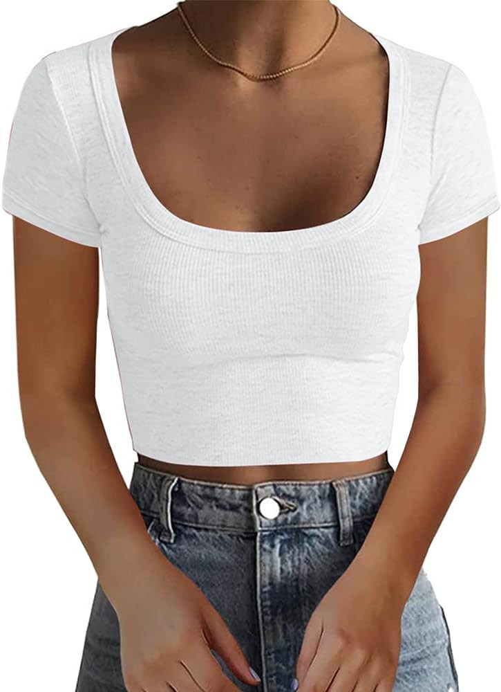 Micticsi Women's Short Sleeve Ribbed Knit Crop Tops Square Neck Basic Cropped Cute Summer Clothes... | Amazon (US)