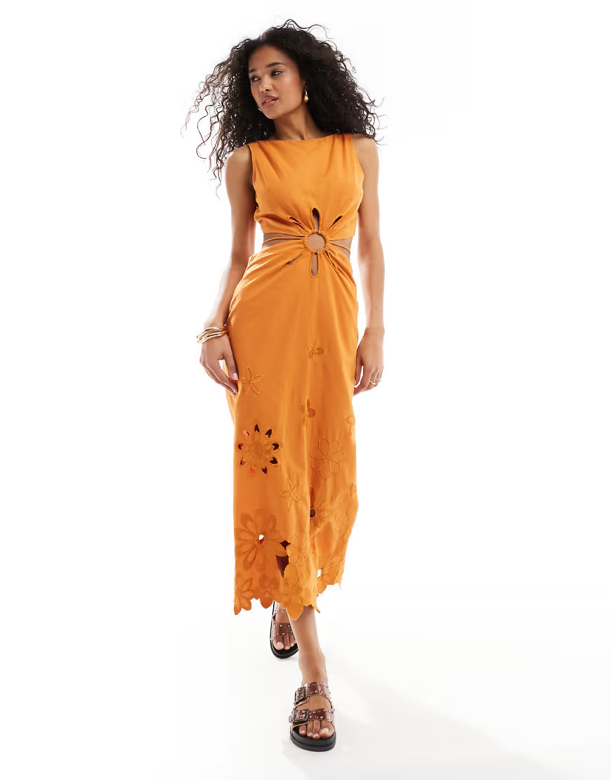 ASOS DESIGN floral embroidered cut out maxi dress in orange | ASOS (Global)