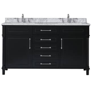 Aberdeen 60 in. W x 22 in. D Vanity in Black with Carrara Marble Top with White Sinks | The Home Depot