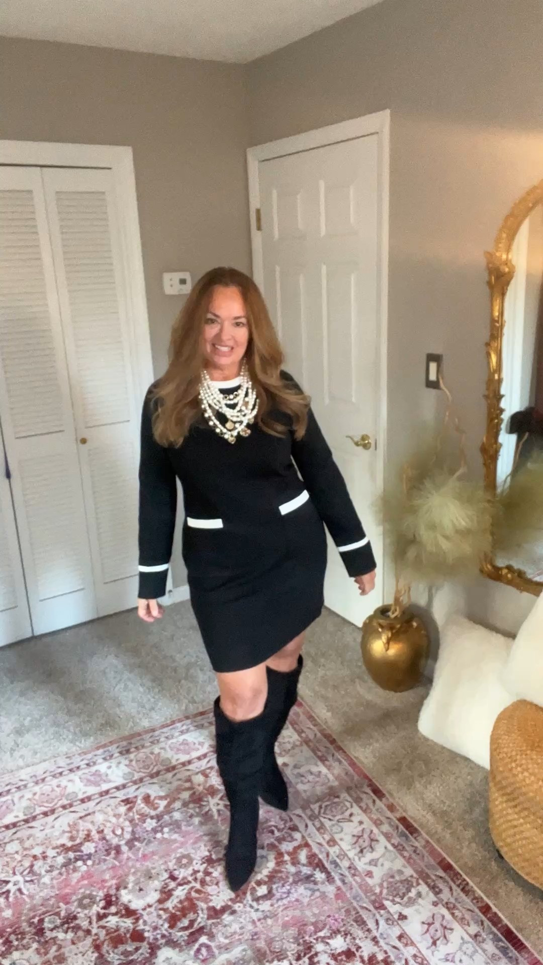 Sweater dress with pocket and cuff contrasting trim. Very Lady Like and old money vibes aesthetic. 

#LTKOver40 #LTKHoliday #LTKgrwm