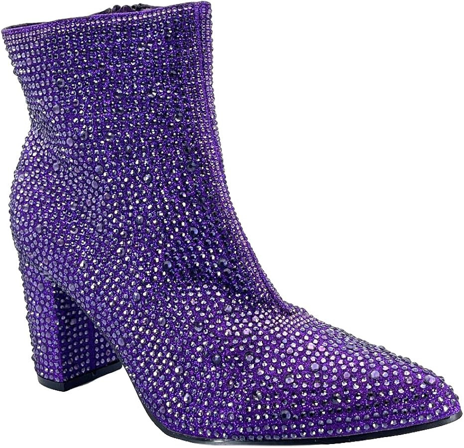 ABSOLEX Women Pointed Toe Rhinestone Block Medium Heel Ankle Booties | Amazon (US)