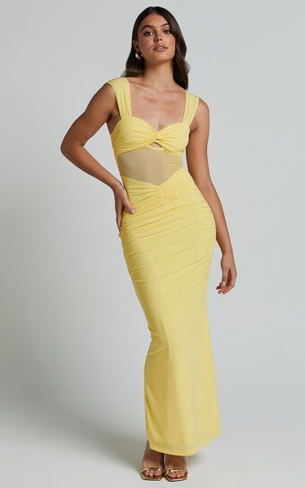 Adalee Midi Dress- Sheer Panel Ruched Bust Dress in Yellow | Showpo (US, UK & Europe)