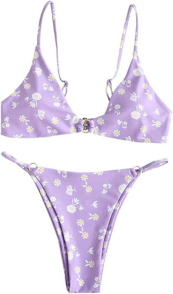 ZAFUL Women's Ribbed O-Ring String Padded Low Waisted Bikini Set Swimsuit | Amazon (US)