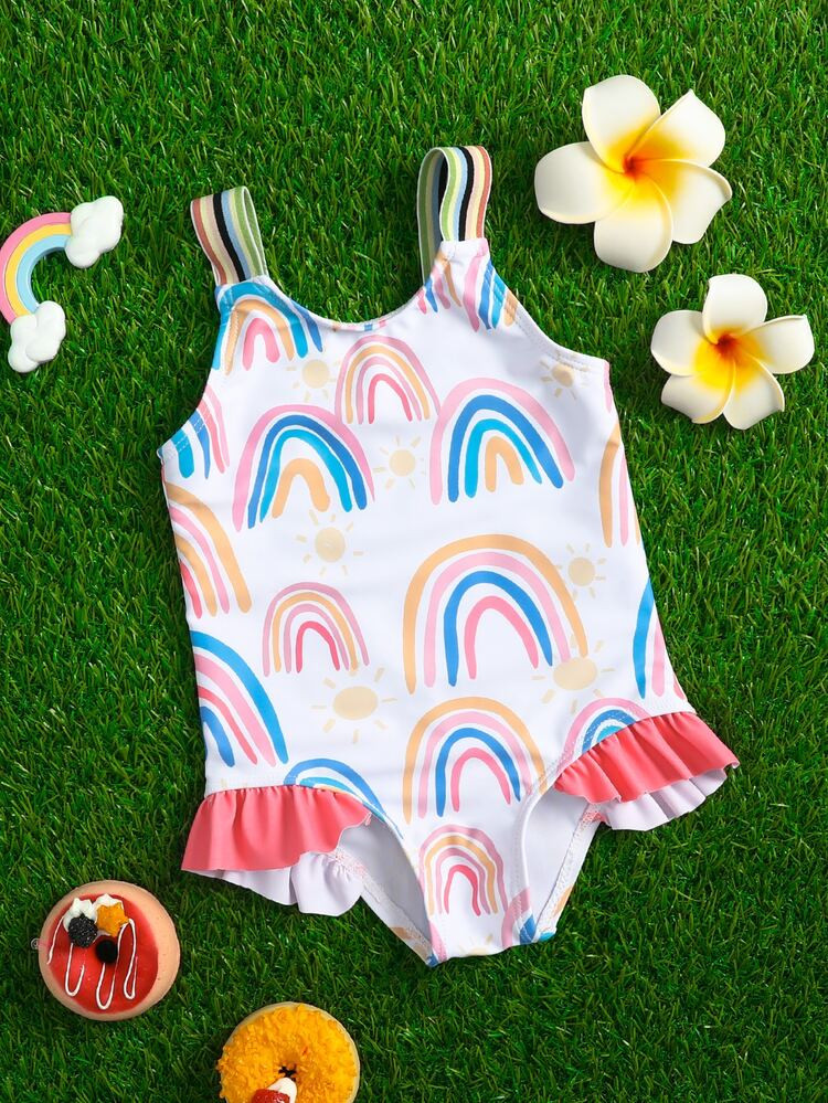 Baby Girl Rainbow Pattern Frill Trim One Piece Swimsuit | SHEIN