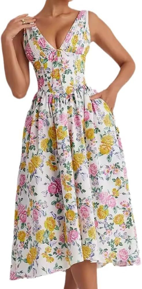 Women's Summer Casual Spaghetti Strap Sleeveles V-Neck Floral Party Dress Beach Sundresses Midi D... | Amazon (US)