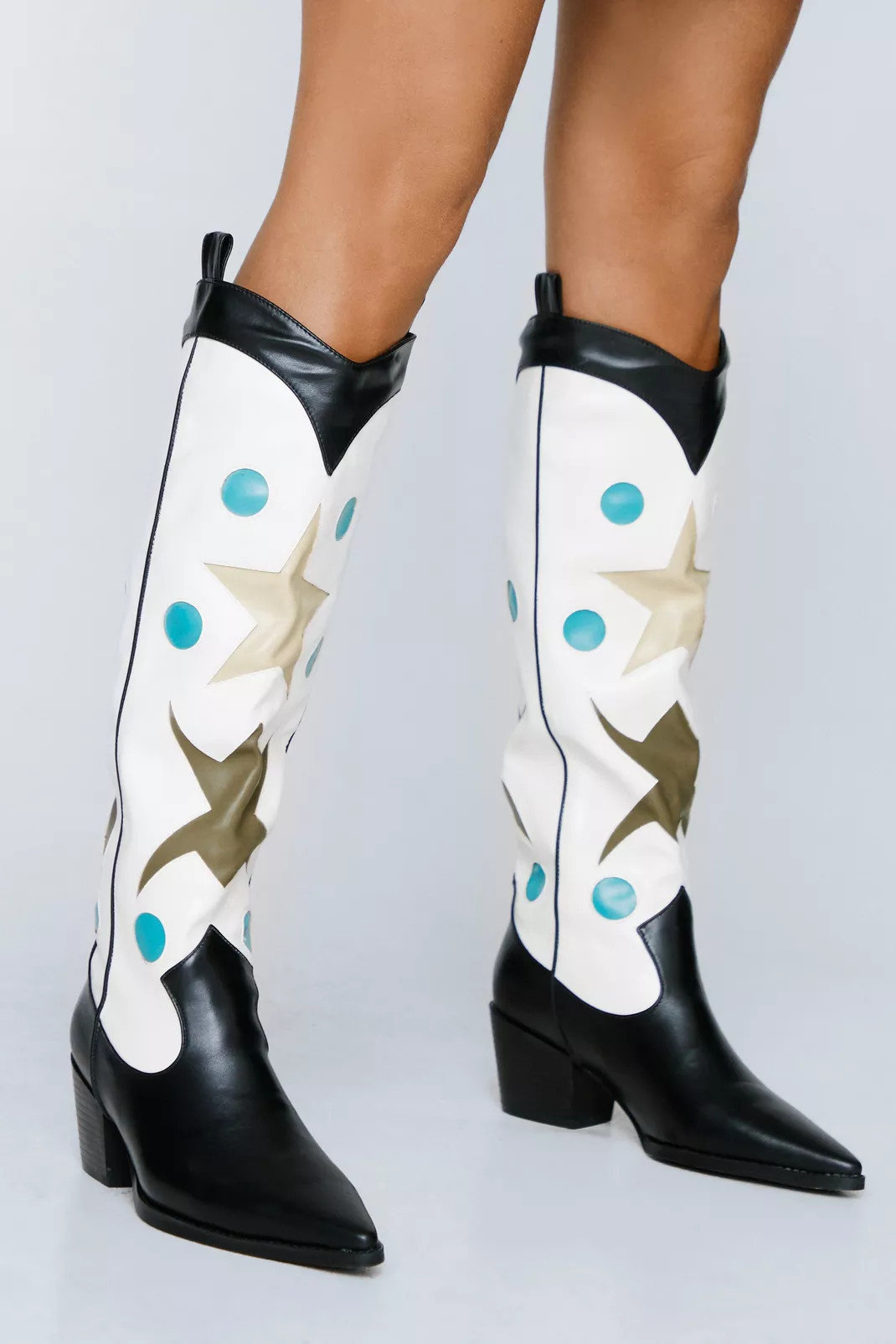 Faux Leather Star Knee High Cowboy Boots | Nasty Gal (US)