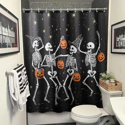 Halloween Shower Curtain: Spooky Dancing Ghosts With Pumpkins Halloween Shower Curtain Set With Hooks, Scary Skull Skeleton Bathroom Decorations For W | Wayfair North America