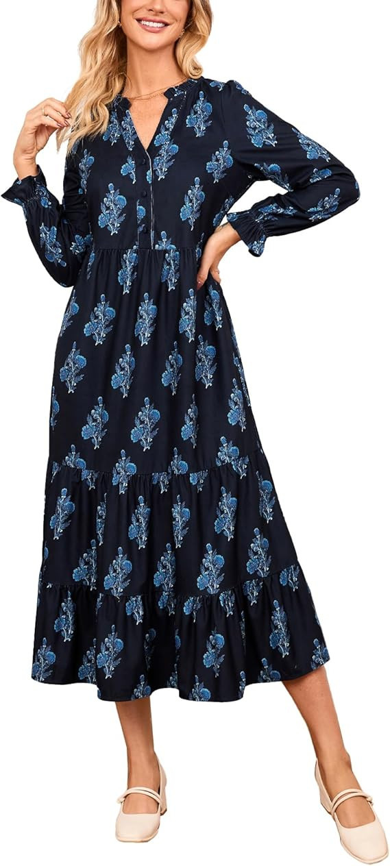 Women’s Corduroy Midi Dress Fall Winter Long Sleeve Ruffle V Neck Button Down Flowy Tiered Shir... | Amazon (US)