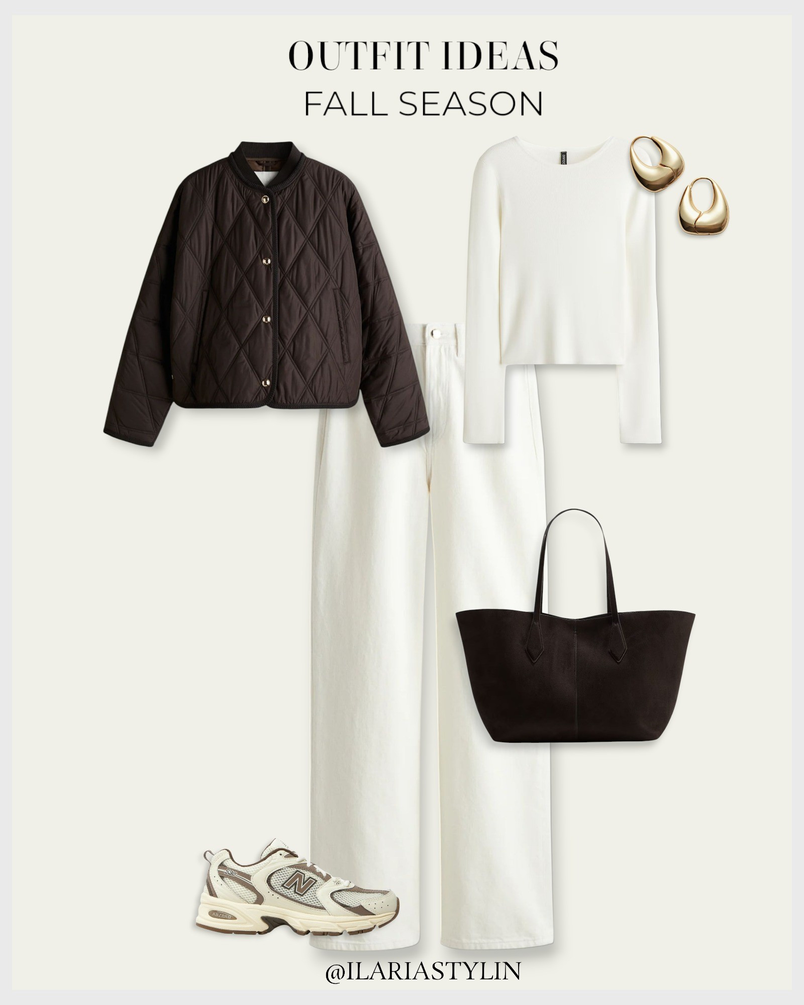 OUTFIT IDEAS: FALL SEASON 🍂 fall fashion, fall outfit, quilted jacket, dark brown jacket, white top, ribbed top, long sleeved top, white jeans, wide leg jeans, high rise jeans, straight jeans, new balance 530, turtledove new balance 530, brown sneakers, brown shorts, dark brown bag, shopper bag, shoulder bag, women fashion

#LTKSeasonal #LTKStyleTip #LTKU
