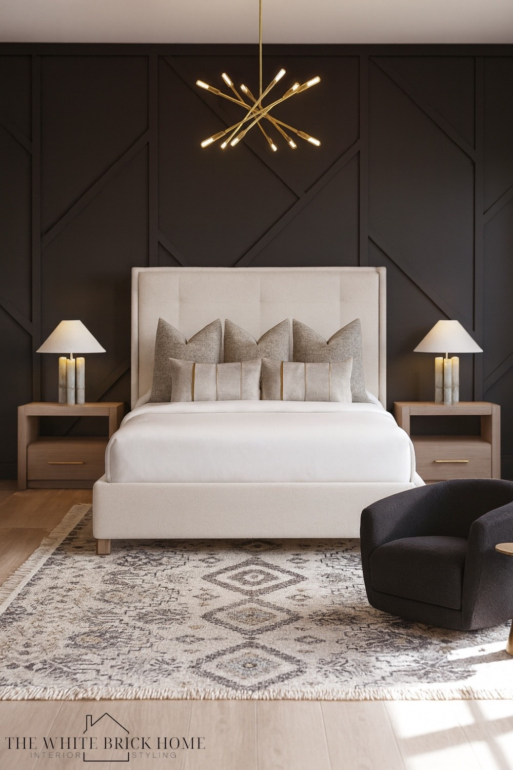 A luxurious modern bedroom that blends neutrals and bold geometry for a timeless yet contemporary retreat. 
🖤🖤
Bed, bedroom, moody bedroom, black bedroom, bed frame, bedroom design, bedroom decor, area rug, nightstands, accent chair, chandelier, throw pillows, table lamps, accent chair, side table, Wayfair bed, bedroom rug, bedroom decor, bedroom ideas, bedroom layout, master bedroom, primary bedroom, home decor, home design, Wayfair, Arhaus 


#LTKHome #LTKStyleTip #LTKSaleAlert