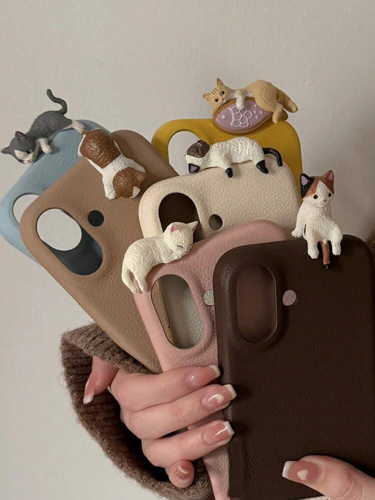 Funda para teléfono con diseño de gato 3D acostado y estampado de lichis, compatible con iPhone... | SHEIN