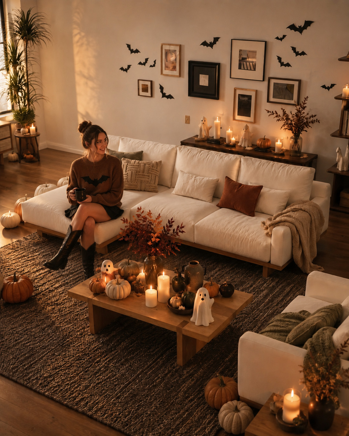 My kind of spooky night 👻☕ Cozy on the sofa with candles glowing, pumpkins everywhere, cute little ghosts, and the sweetest Halloween touches around the living room. I love that it feels festive and spooky but still warm, cozy, and totally livable for everyday fall. #LTKHome #SpookySeason #HalloweenHome #CozyFall #FallLivingRoom #HalloweenDecor #PumpkinSeason #CozyHome #FallHomeInspo #LivingRoomDecor #AutumnVibes #SpookyCute #FallDecor #HomeInspo 

 #LTKSeasonal #LTKHome #LTKSaleAlert