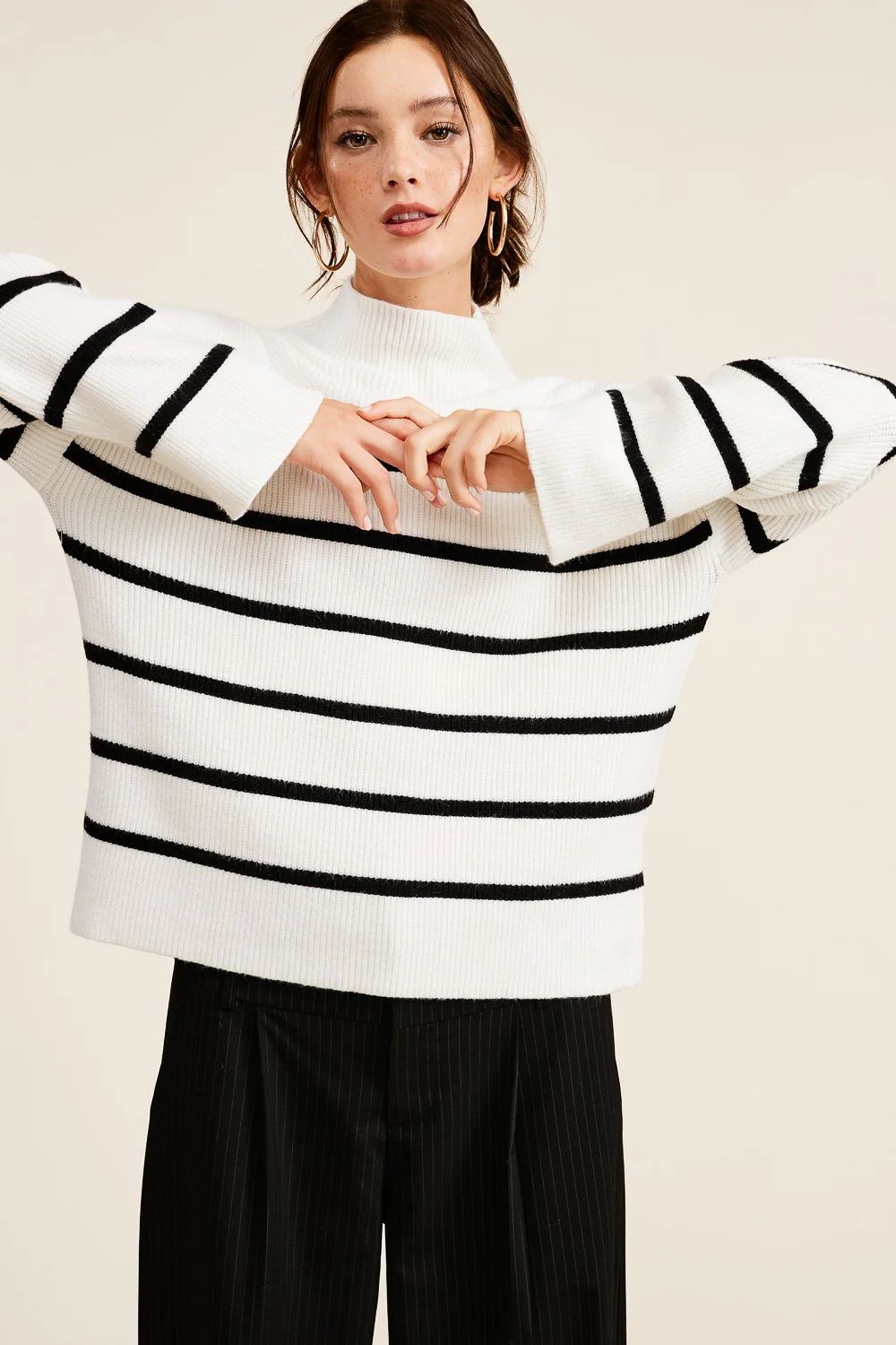 Ivory Striped Mock Neck Sweater | PinkBlush Maternity