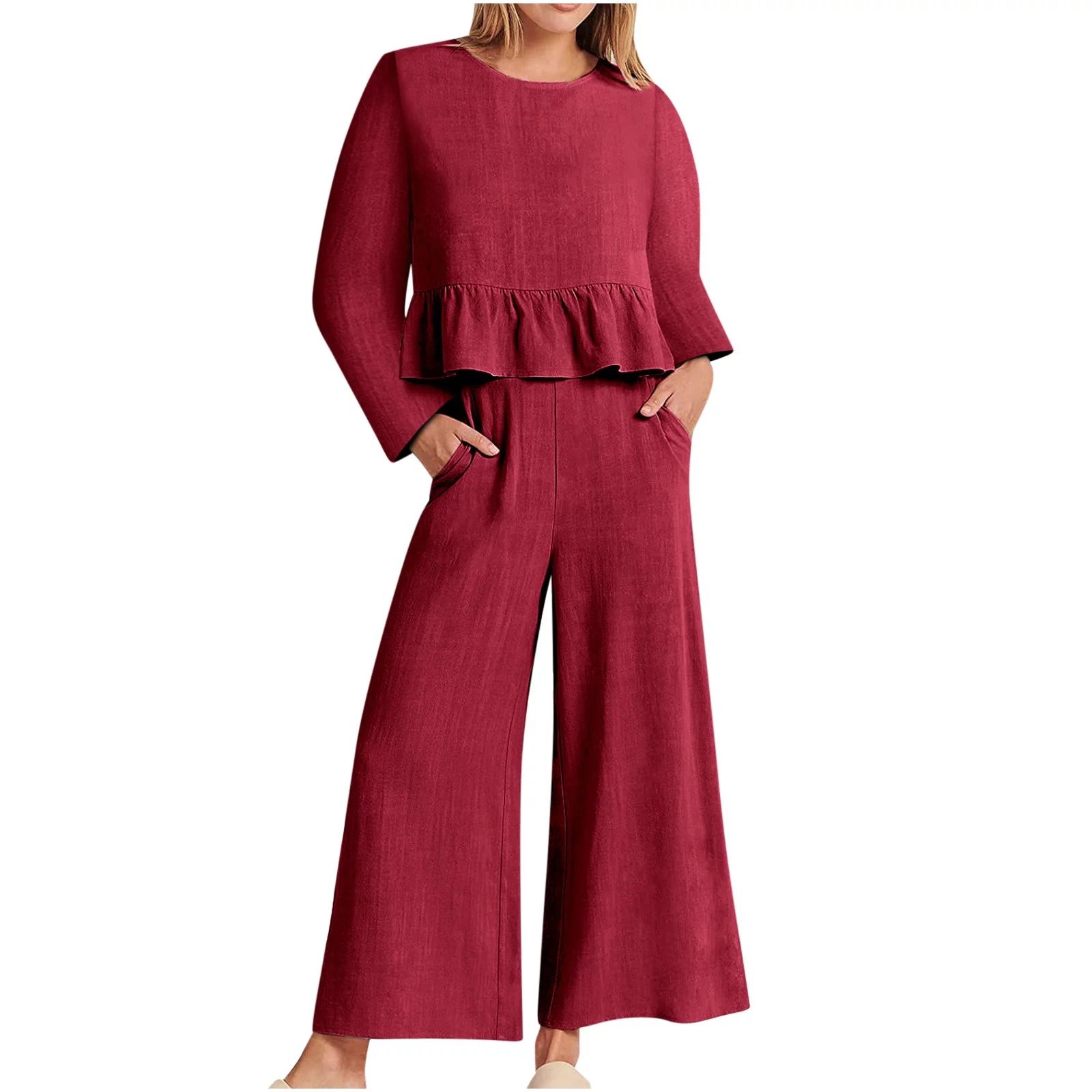 Womens Cotton Linen 2 Piece Sets Long Sleeve Ruffle Hem Crop Tops with Straight Leg Pants Solid C... | Walmart (US)