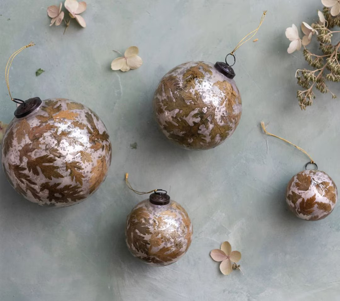 Glass Ball Ornament W/ Embedded Leaves 4" - Etsy | Etsy (US)