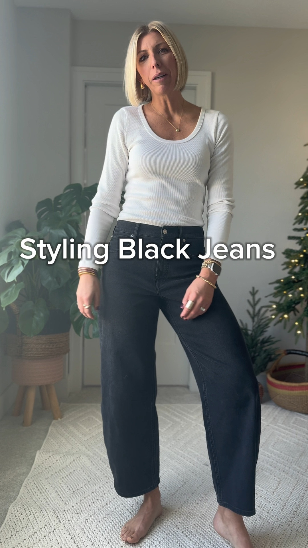 Styling black jeans for the holidays + this winter! These barrel jeans are so comfortable + flattering + have great stretch! Wearing my tts in the 29” inseam length (I’m 5’10” for height reference) 

#LTKWatchNow #LTKHoliday #LTKOver40